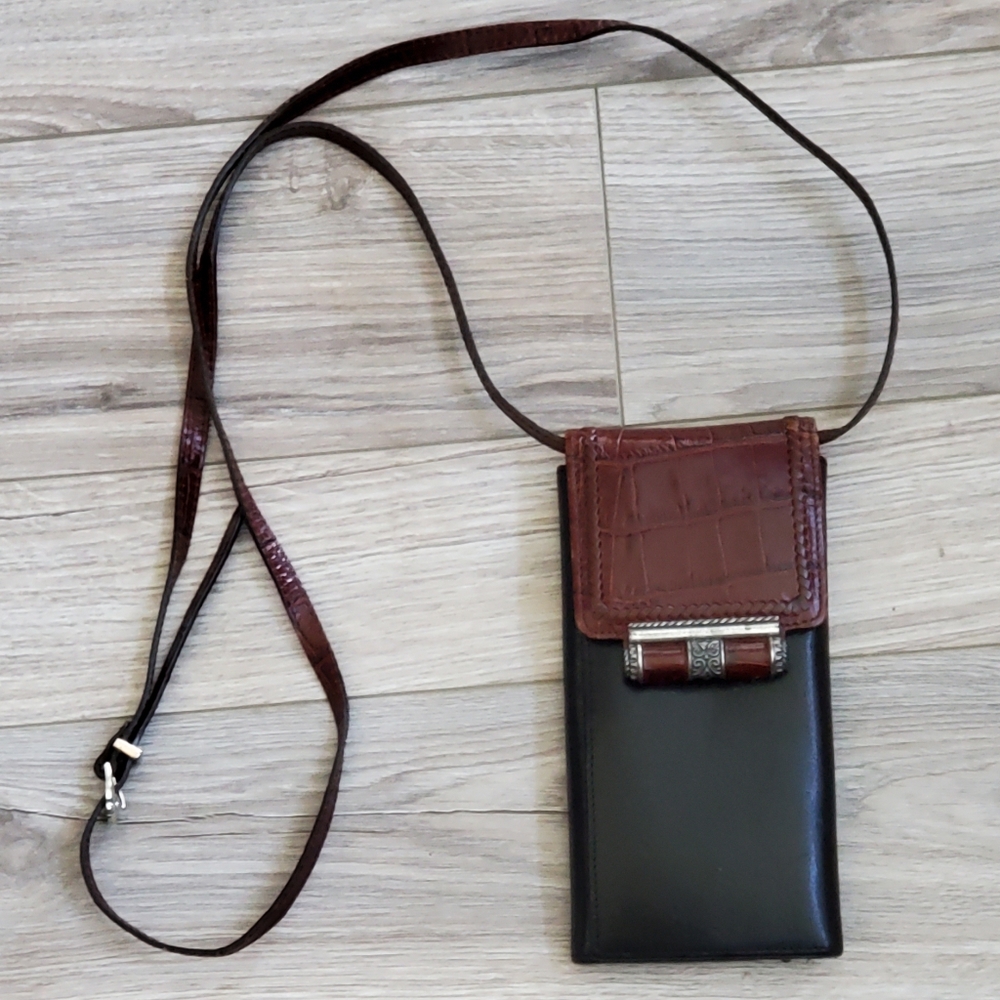 Brighton Tri-Fold Leather Organizer Wallet Crossbody Bag, Brown/Black, Near New!